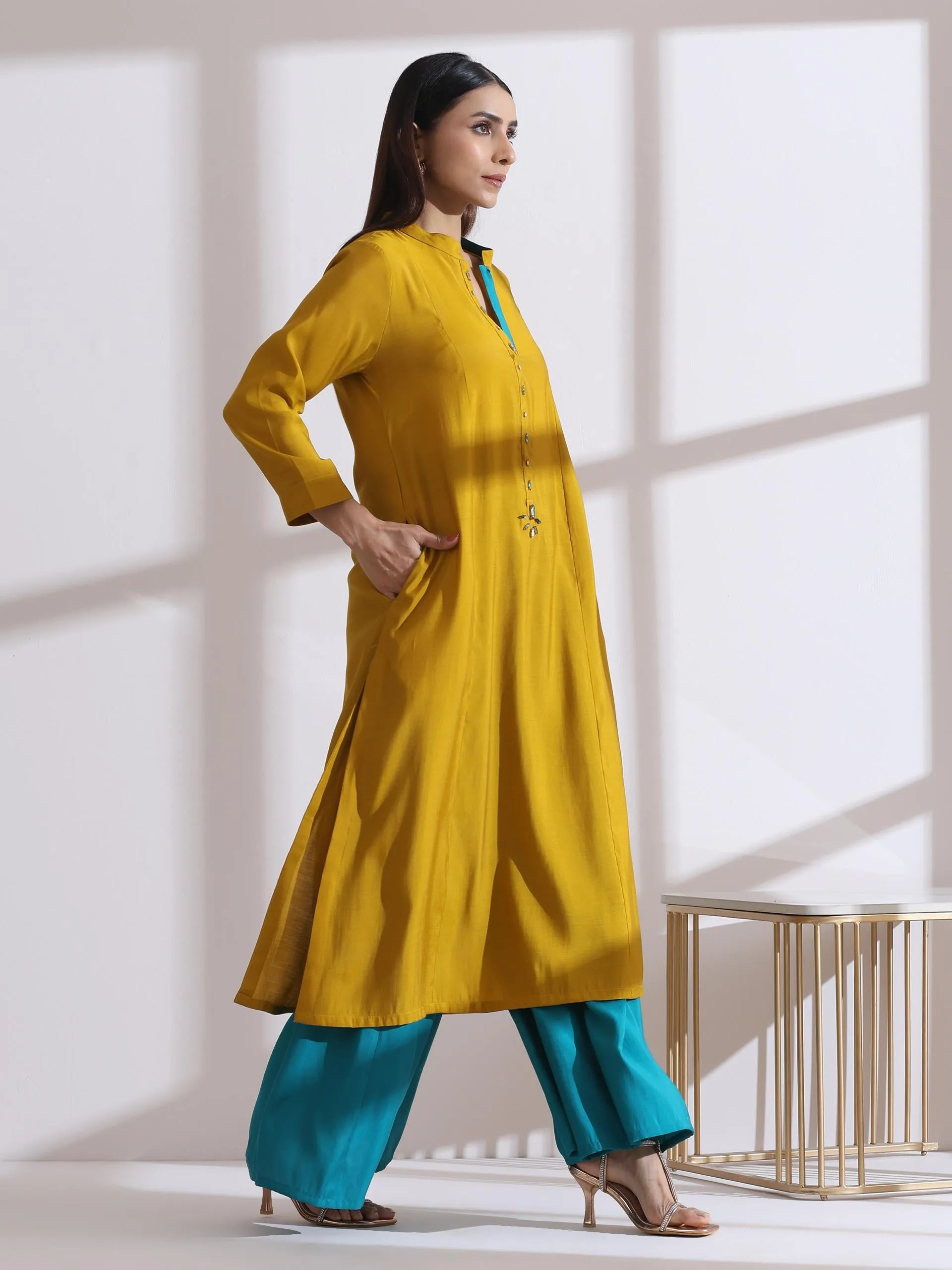2 Pc Set - Airskin Mustard Long Opening Kurta With Beads And Blue Pants