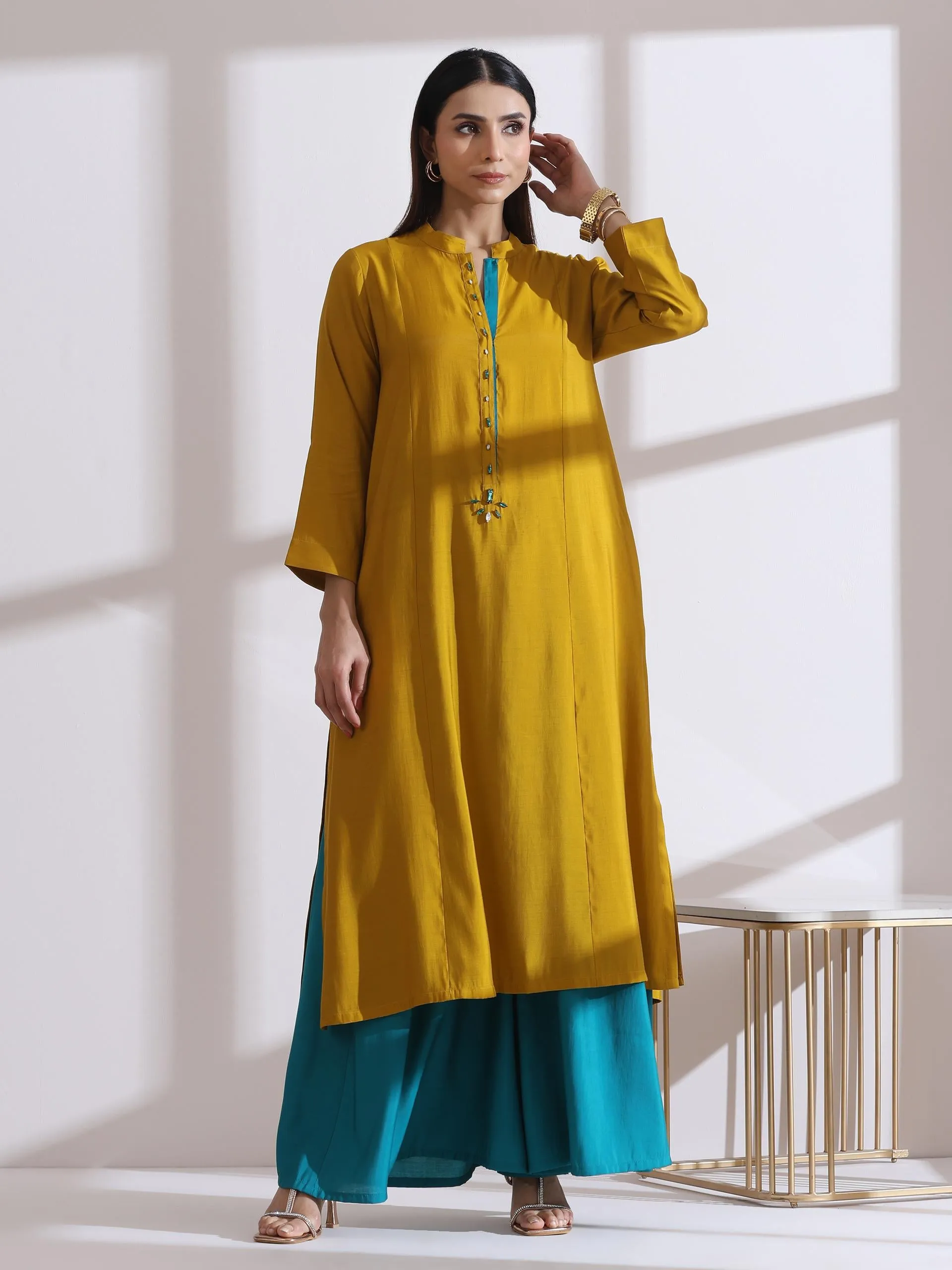 2 Pc Set - Airskin Mustard Long Opening Kurta With Beads And Blue Pants