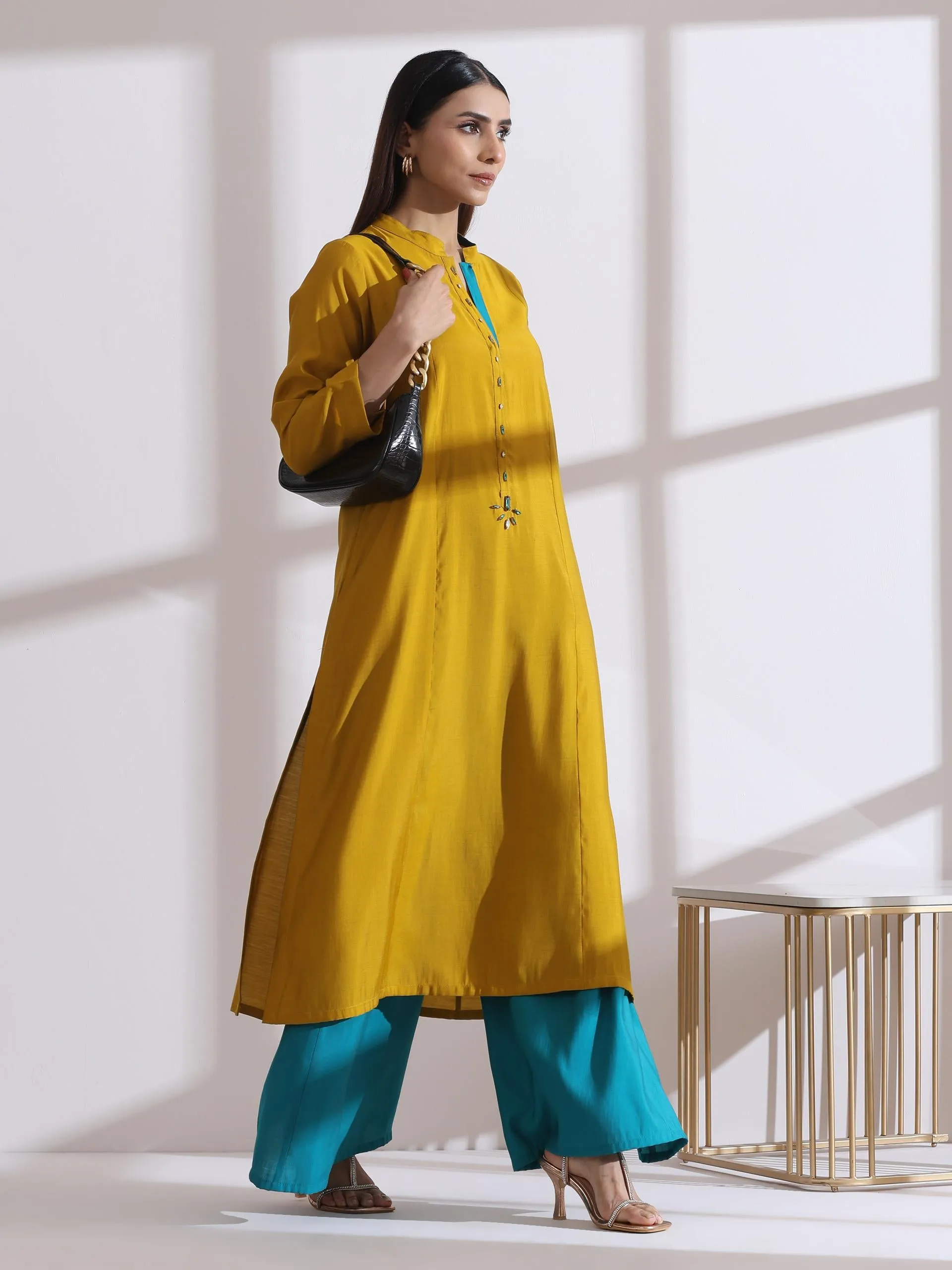 2 Pc Set - Airskin Mustard Long Opening Kurta With Beads And Blue Pants