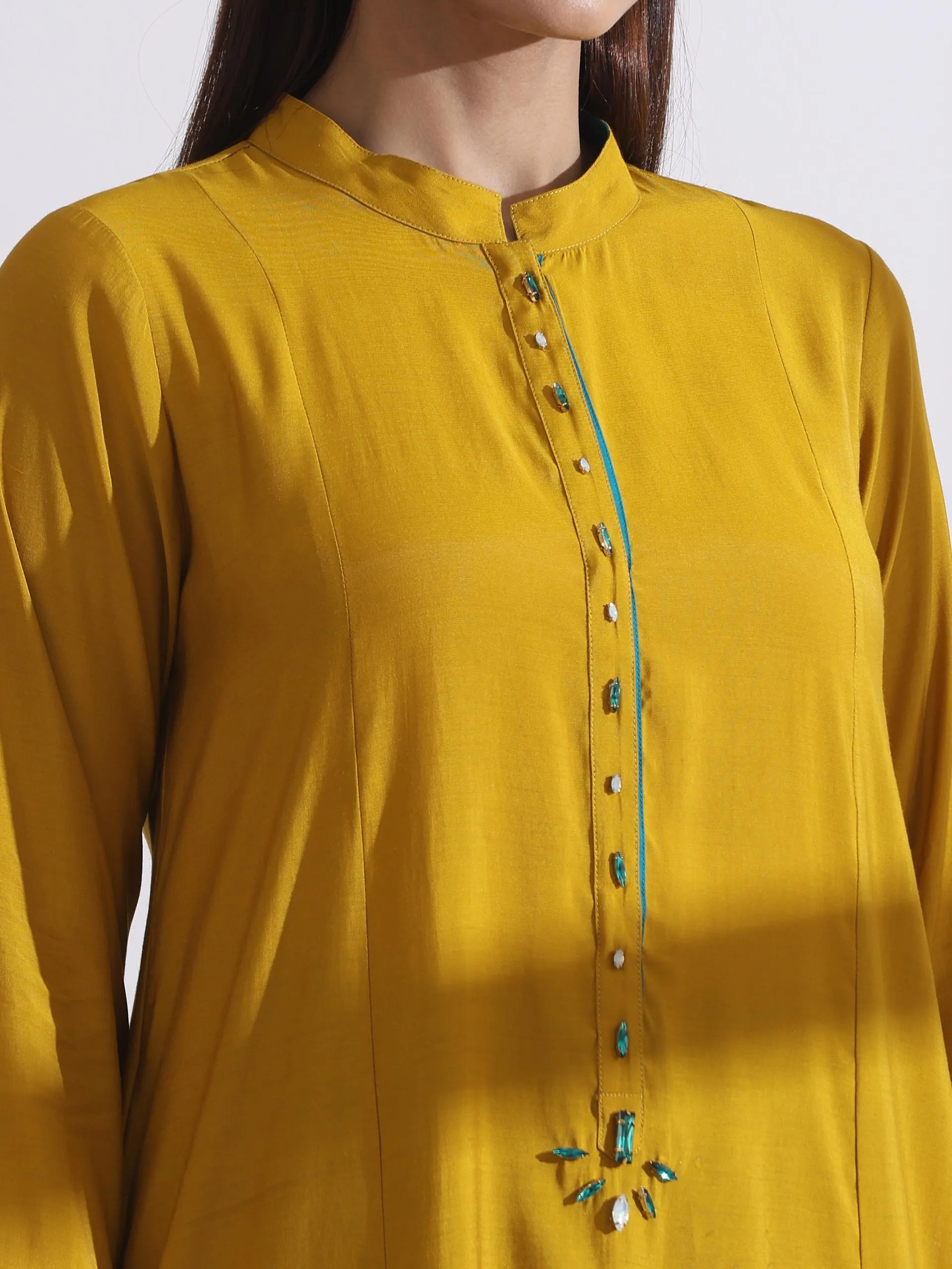 2 Pc Set - Airskin Mustard Long Opening Kurta With Beads And Blue Pants