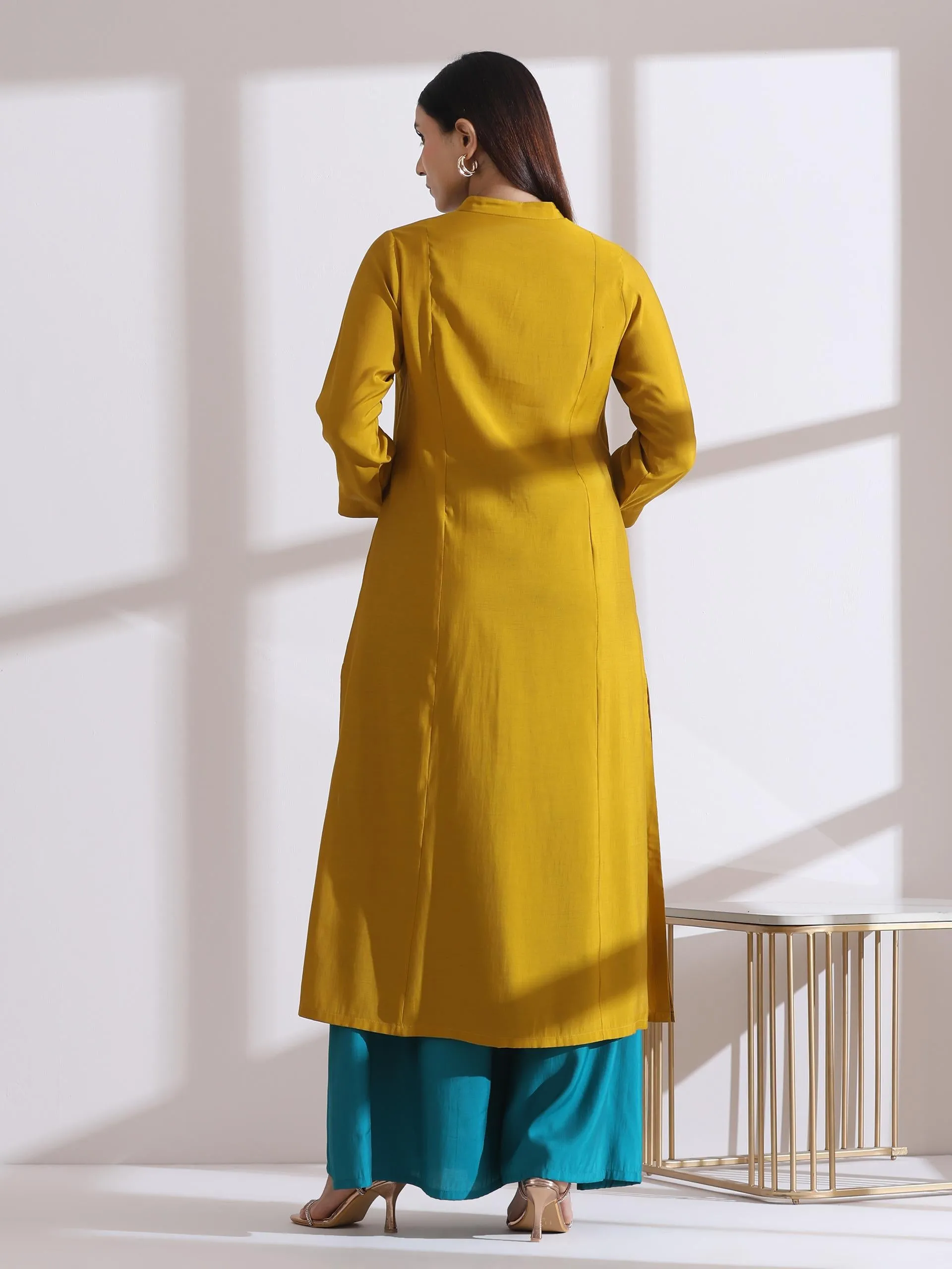 2 Pc Set - Airskin Mustard Long Opening Kurta With Beads And Blue Pants