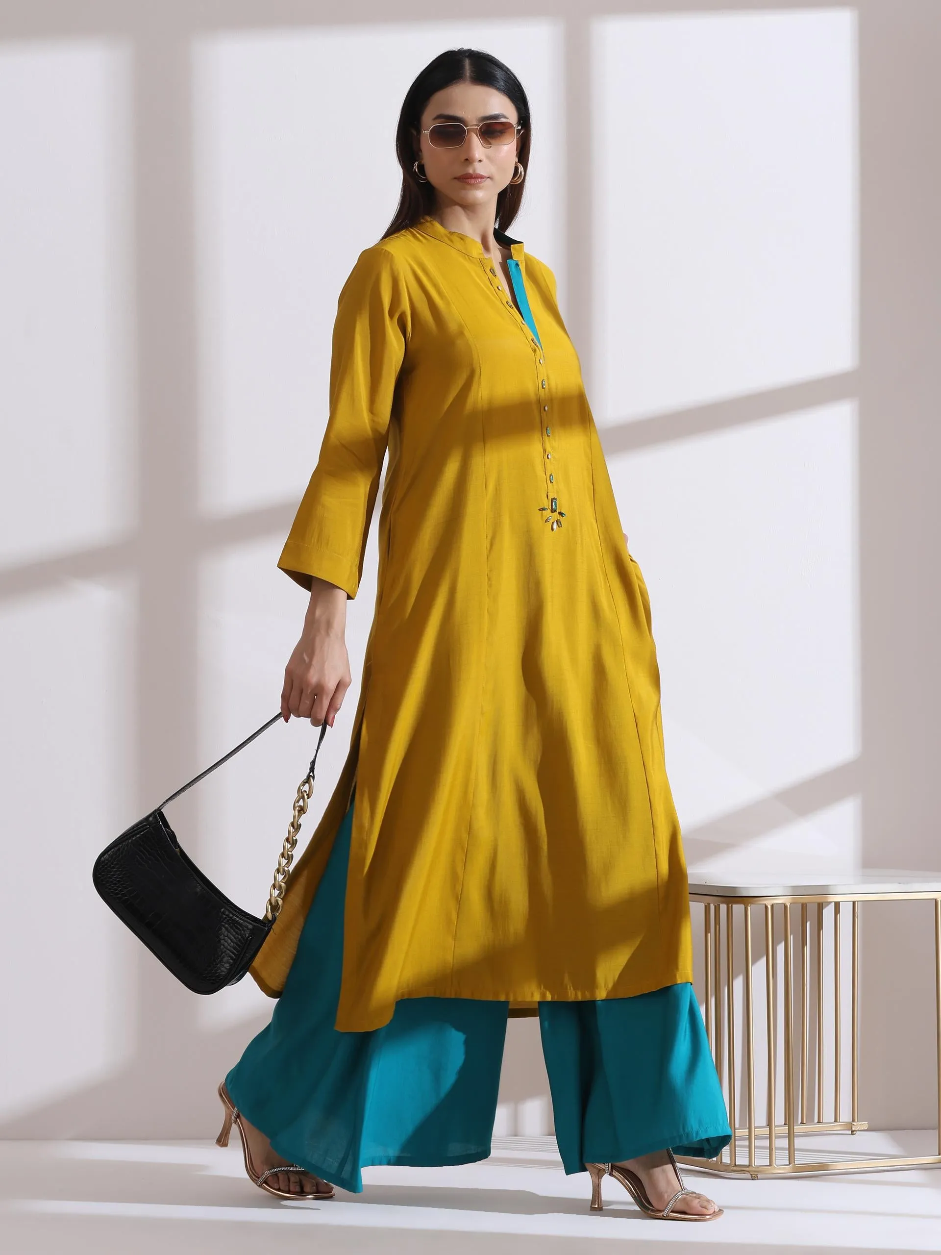 2 Pc Set - Airskin Mustard Long Opening Kurta With Beads And Blue Pants