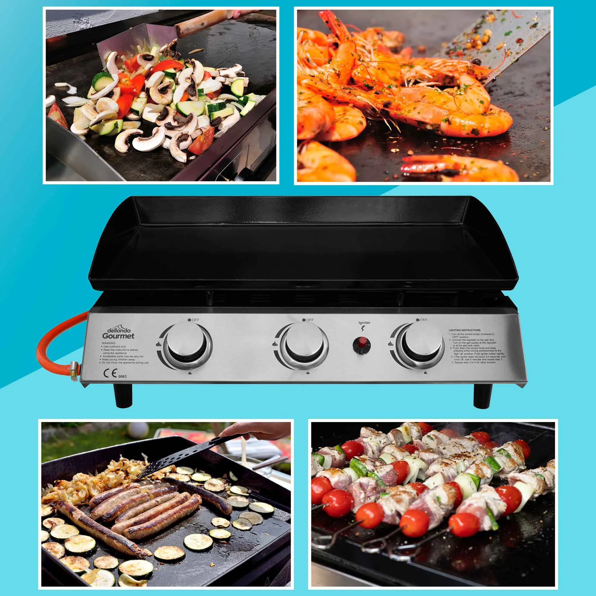 3 Burner Portable Gas Plancha 7.5kW BBQ Griddle, Stainless Steel - DG22