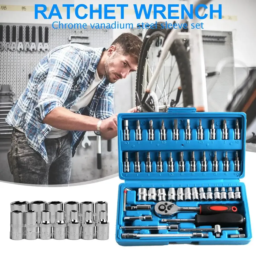 46pcs Car Repair Tool Kit Socket Set (Ratchet/Spanner/Wrench/Screwdriver)