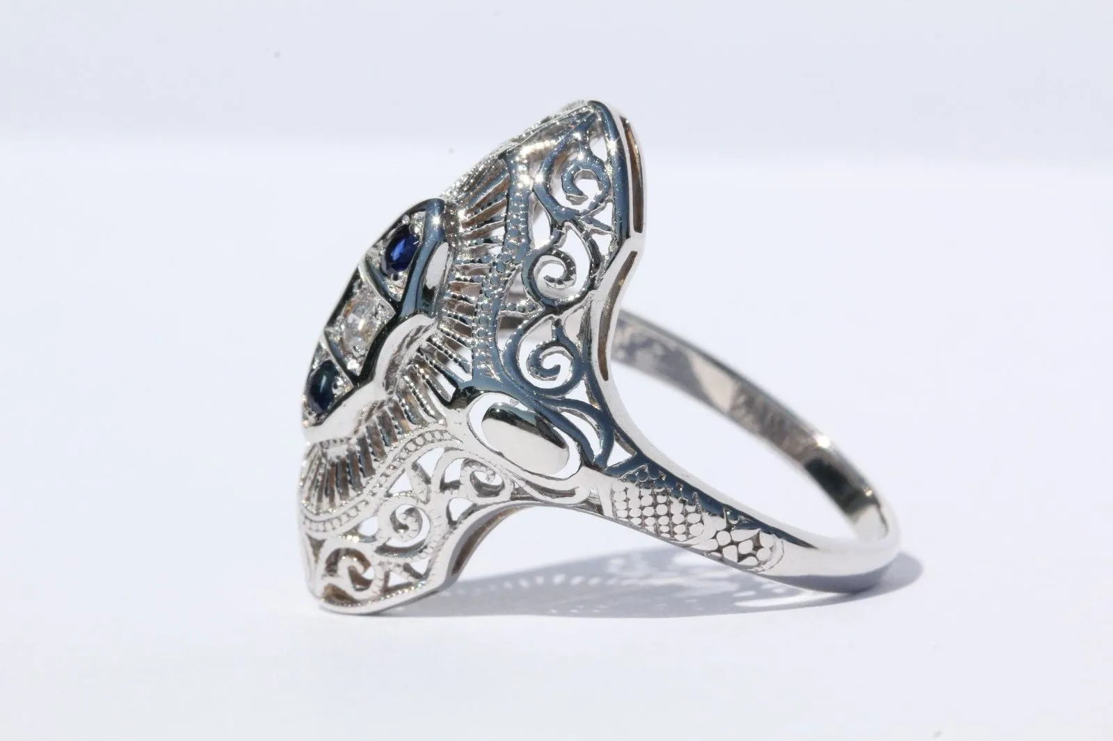 Antique Edwardian 14K White Gold Diamond & Sapphire Ring Signed