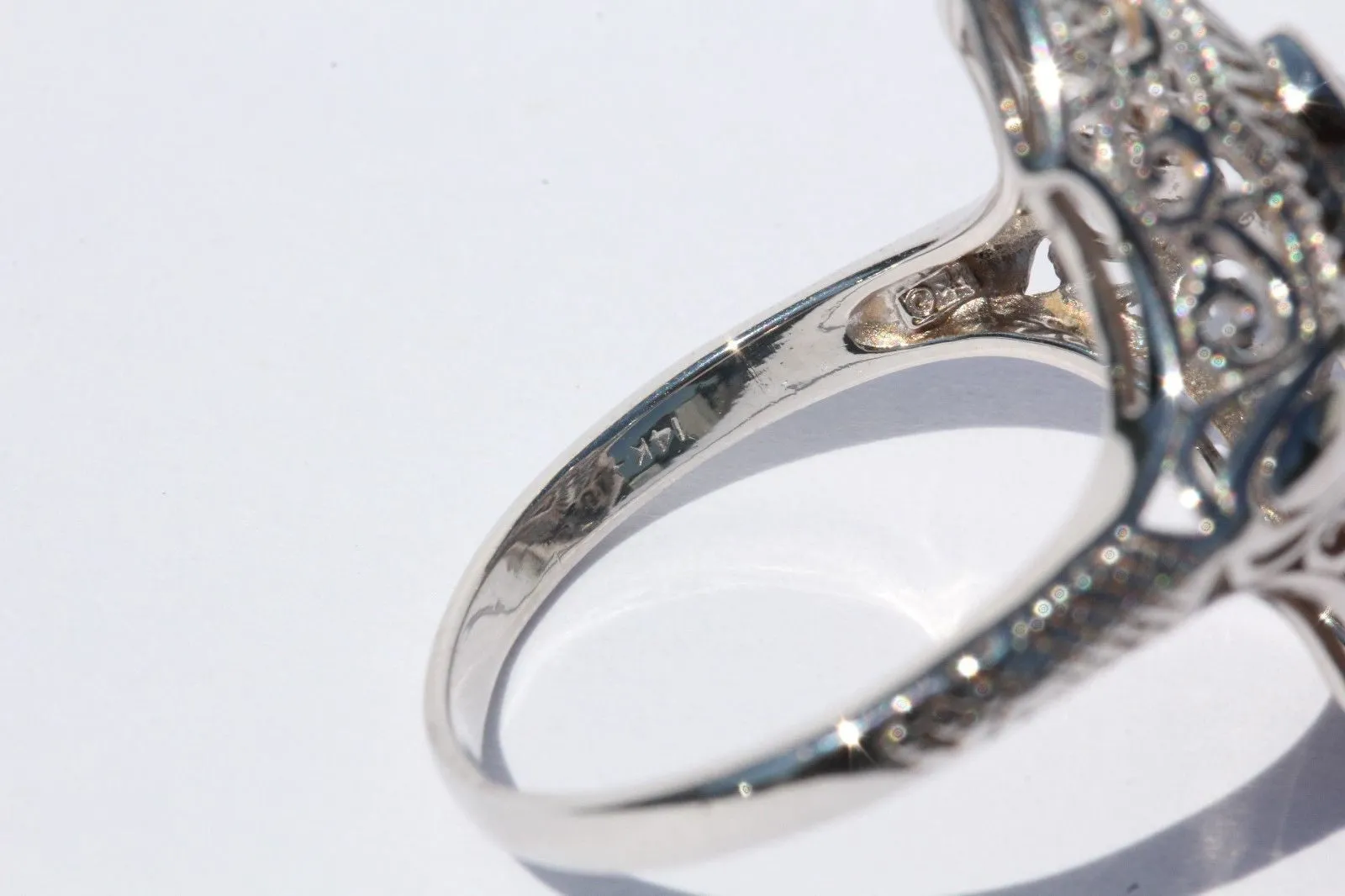Antique Edwardian 14K White Gold Diamond & Sapphire Ring Signed