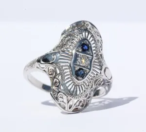 Antique Edwardian 14K White Gold Diamond & Sapphire Ring Signed