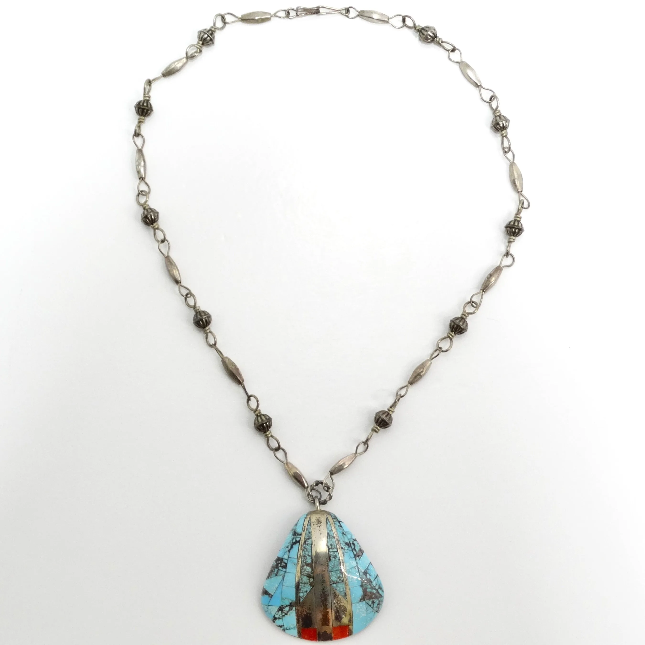 Antique Saguaro Traders Turquoise Sea Shell Silver Pendant Necklace