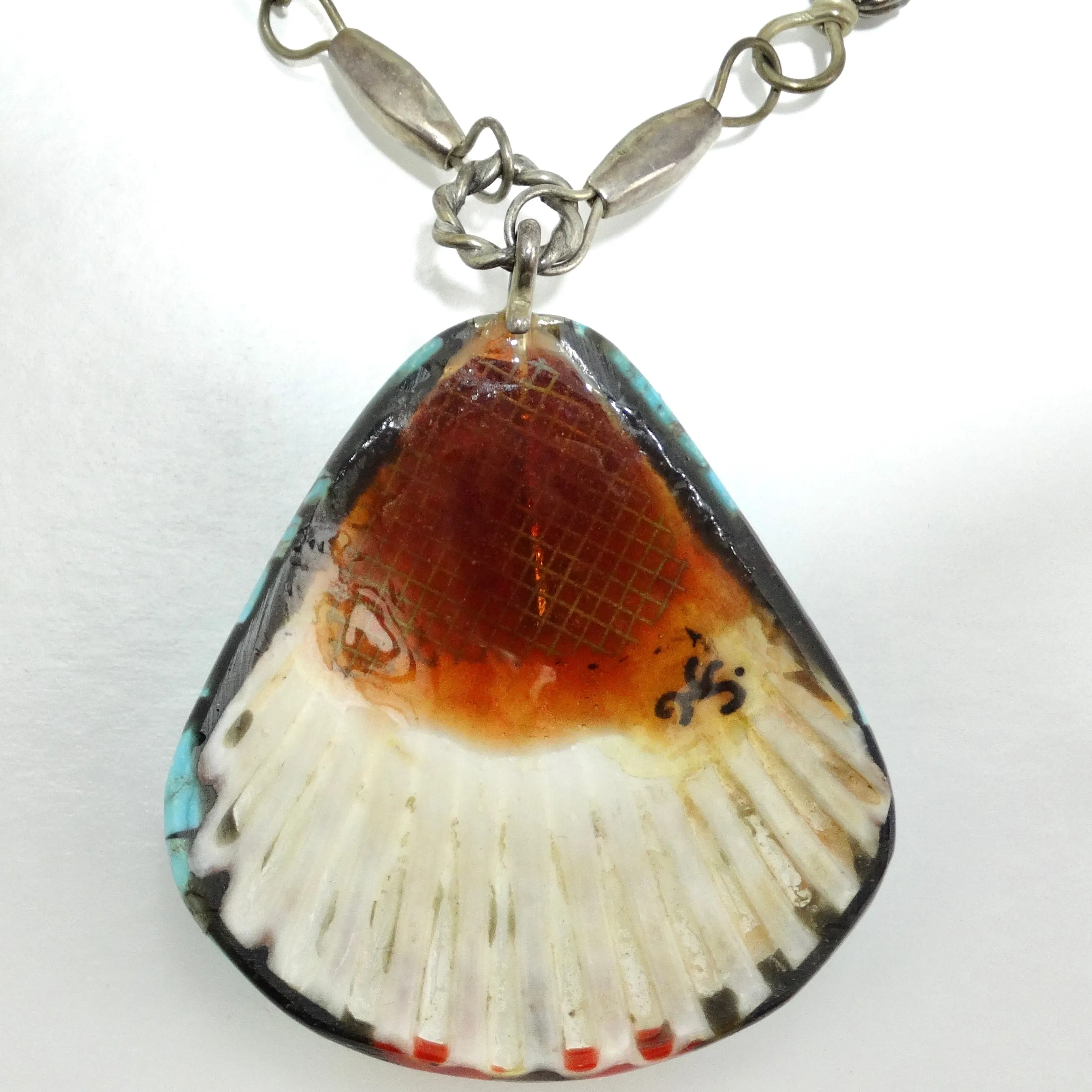 Antique Saguaro Traders Turquoise Sea Shell Silver Pendant Necklace