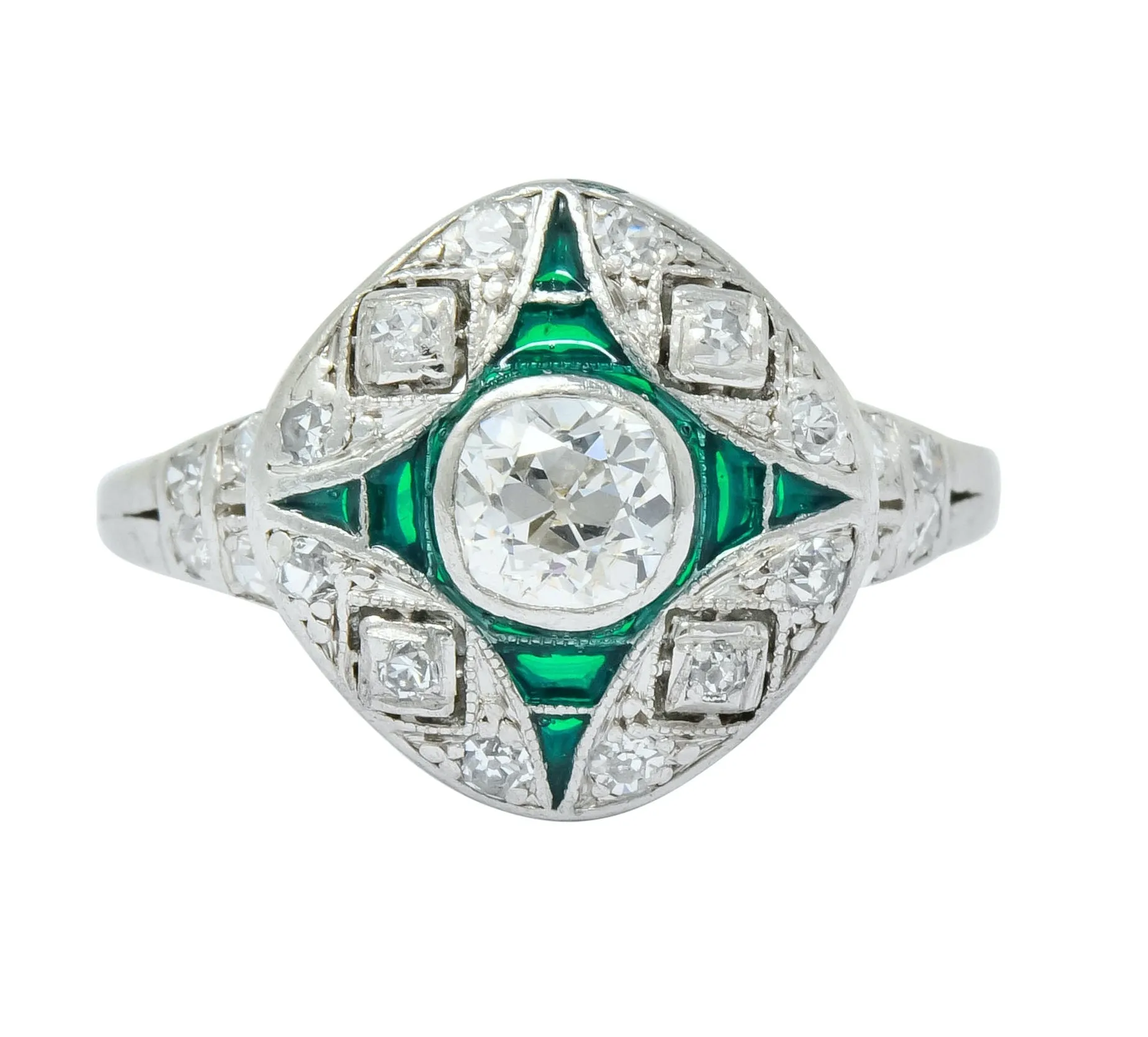 Art Deco Diamond Plique-à-Jour Enamel  Platinum Dinner Engagement Ring