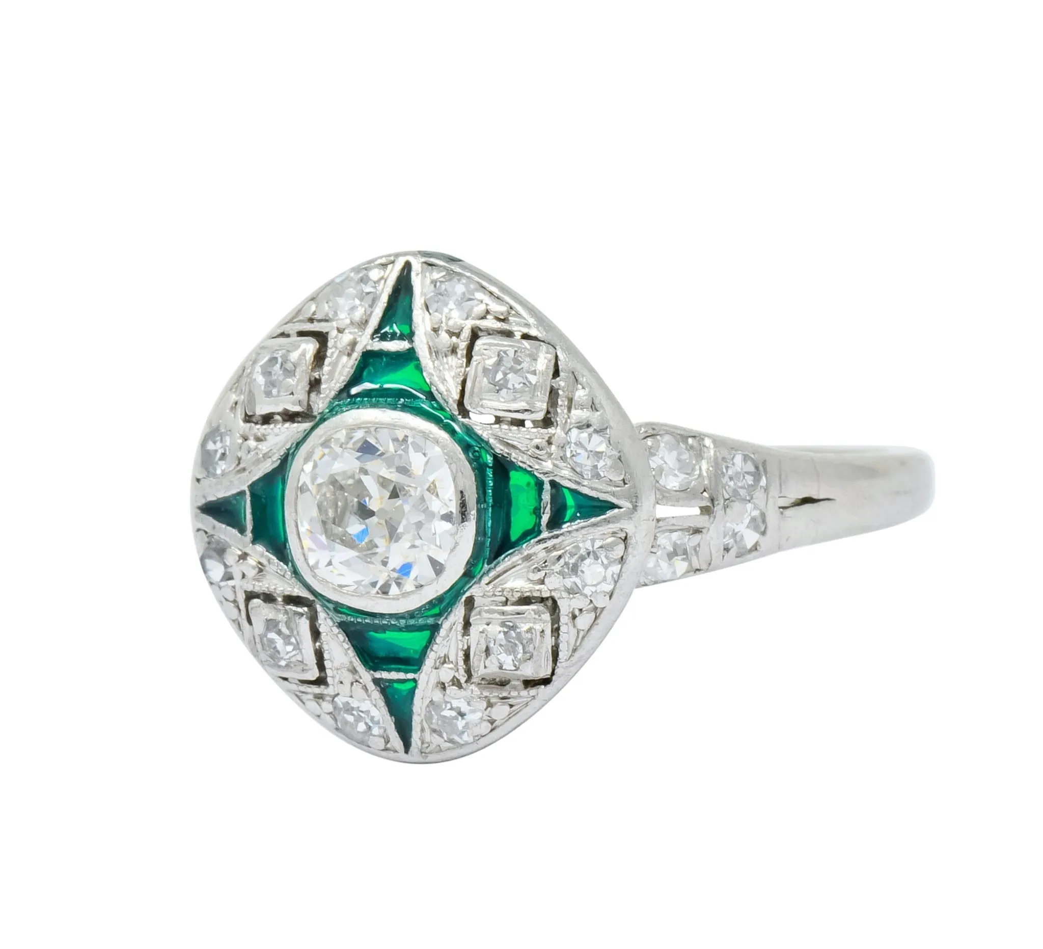 Art Deco Diamond Plique-à-Jour Enamel  Platinum Dinner Engagement Ring