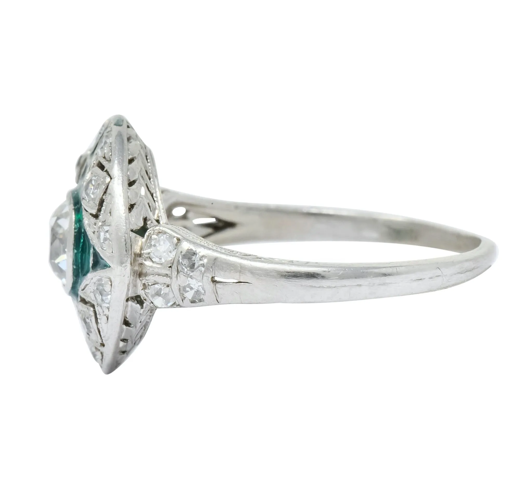 Art Deco Diamond Plique-à-Jour Enamel  Platinum Dinner Engagement Ring
