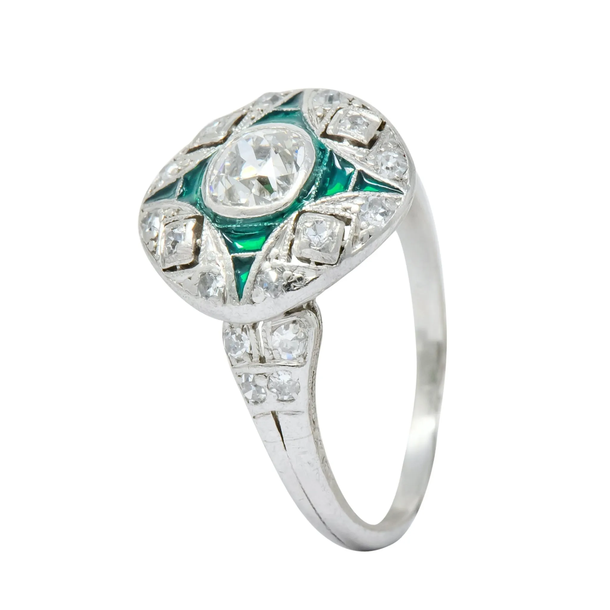 Art Deco Diamond Plique-à-Jour Enamel  Platinum Dinner Engagement Ring