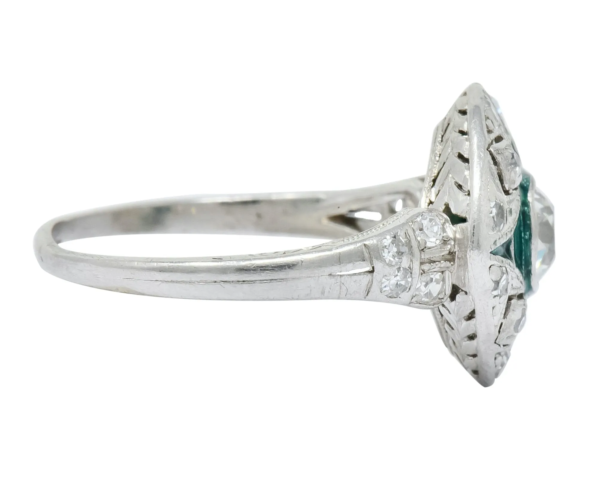 Art Deco Diamond Plique-à-Jour Enamel  Platinum Dinner Engagement Ring