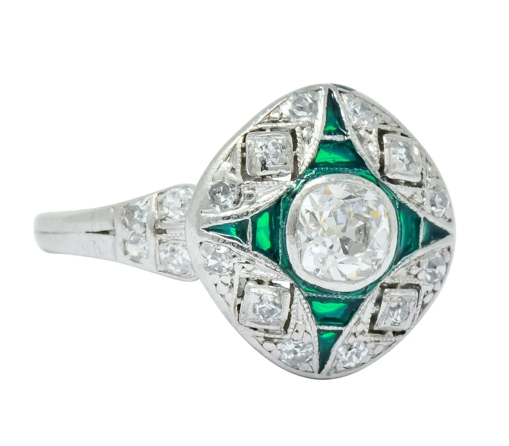 Art Deco Diamond Plique-à-Jour Enamel  Platinum Dinner Engagement Ring