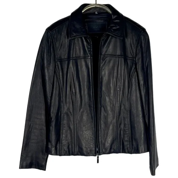 AVANTI BLACK CLASSIC LEATHER ZIP FRONT COLLARED JACKET