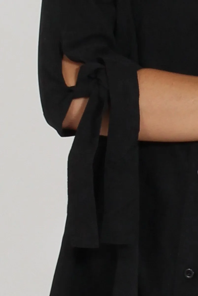 Black Suede Tie Cuff Oversized Shirt Dress - Deborah