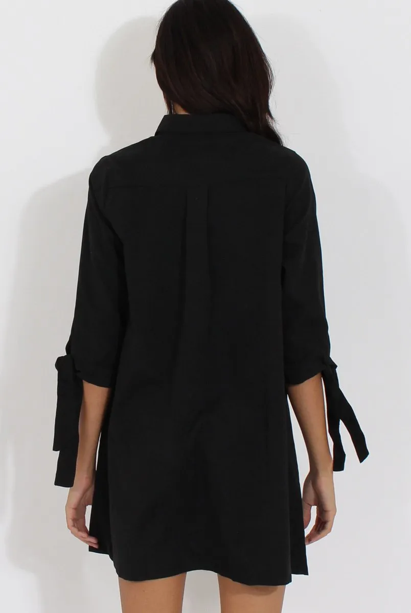 Black Suede Tie Cuff Oversized Shirt Dress - Deborah