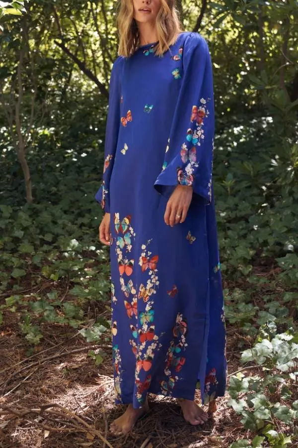 Butterfly Print Navy Blue Long Sleeve Loose Long Dress