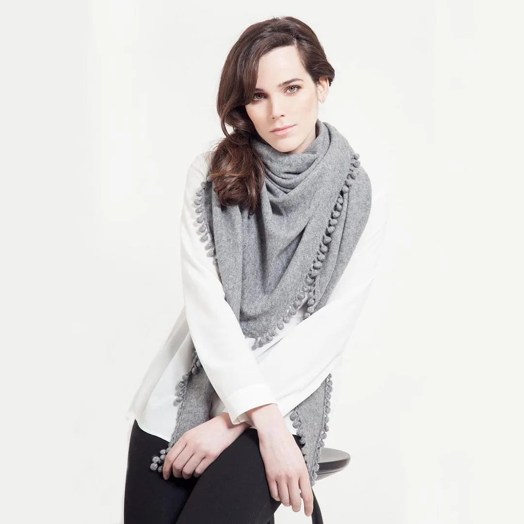 Cashmere Pom Pom Triangle Wrap in Sky Blue