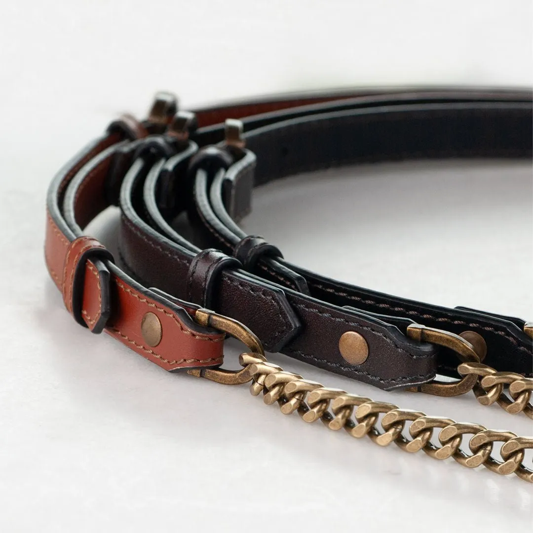 Chain and Leather - Italian Leather and Antique Brass Curb Chain Deep Brown Shoulder Strap