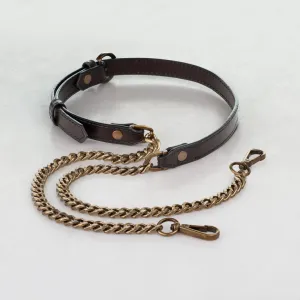 Chain and Leather - Italian Leather and Antique Brass Curb Chain Deep Brown Shoulder Strap