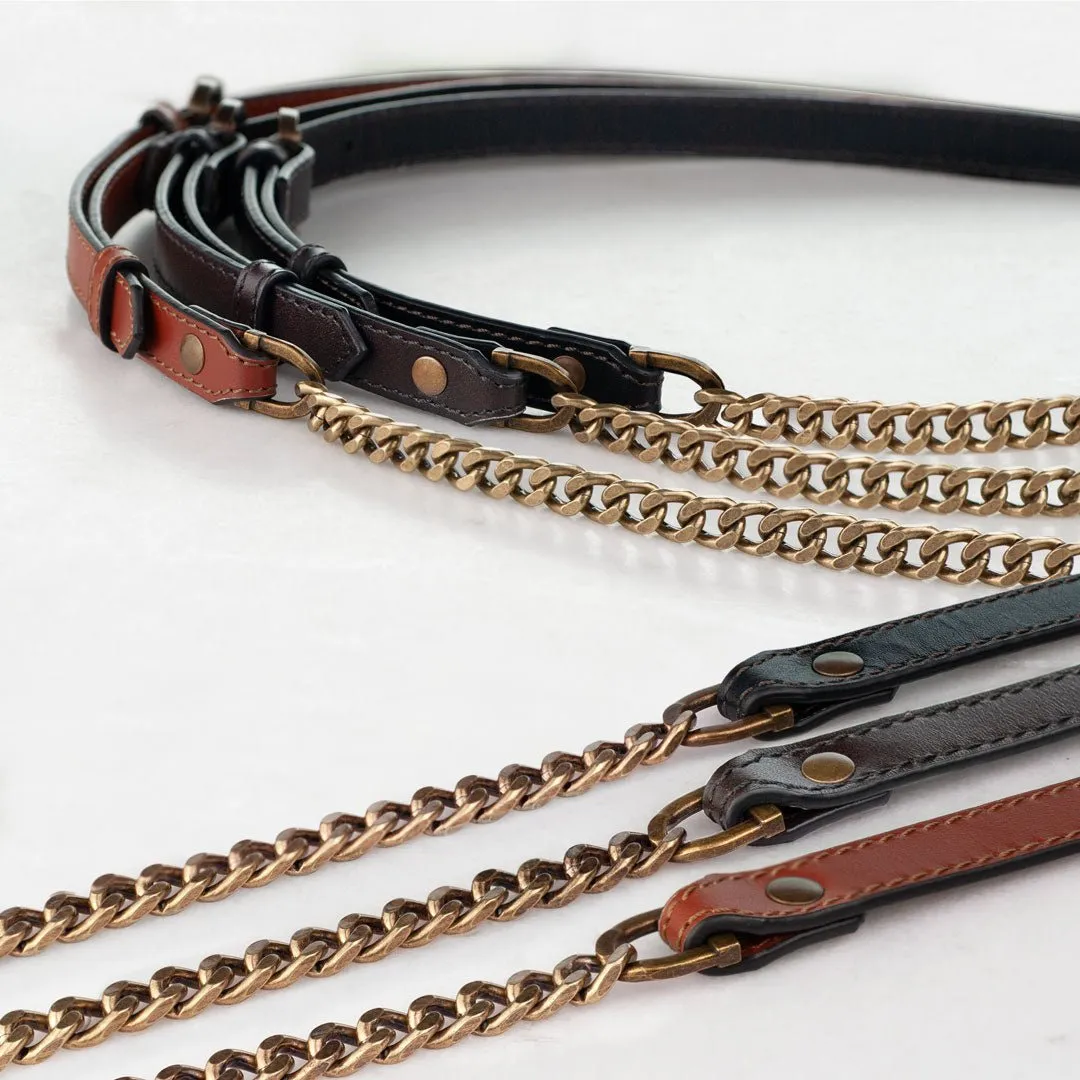 Chain and Leather - Italian Leather and Antique Brass Curb Chain Deep Brown Shoulder Strap