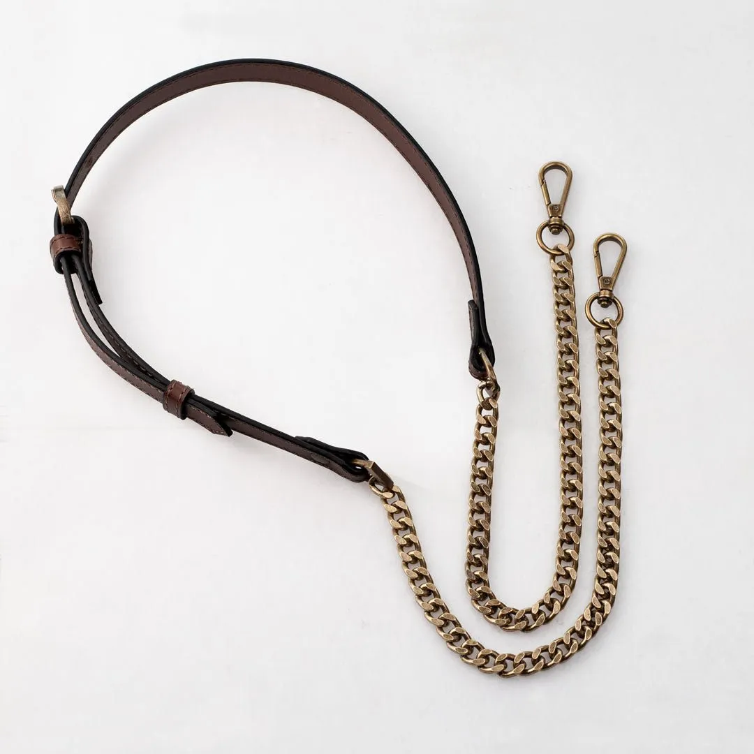 Chain and Leather - Italian Leather and Antique Brass Curb Chain Deep Brown Shoulder Strap