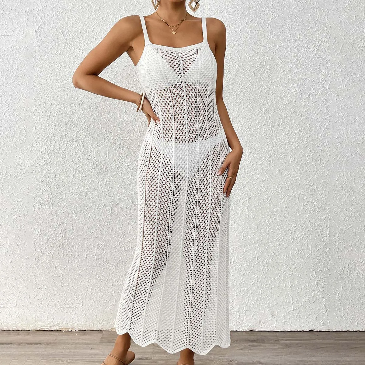 Chic Sheer Knit Beach Cover-Up Maxi Dress for Effortless Vacation Glam
