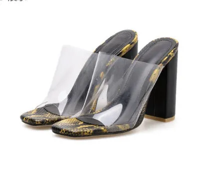 CSS74 chunky thick heel pvc clear strap mules shoes high heel for women