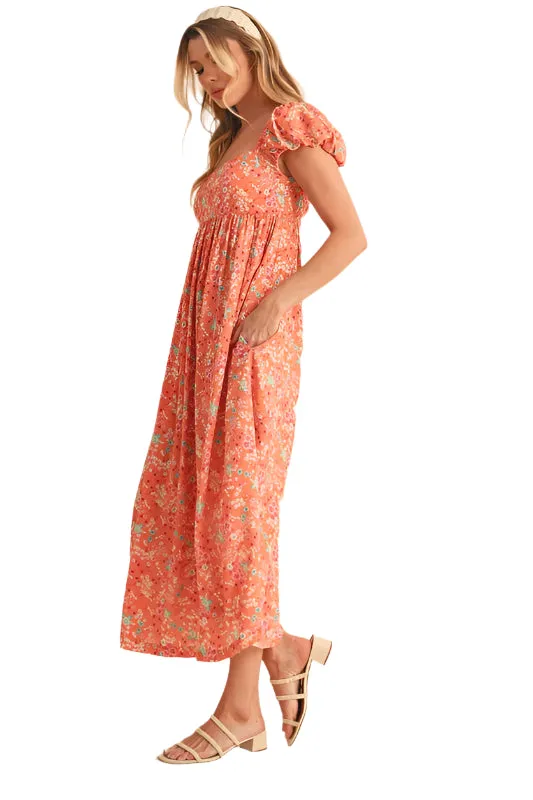 Cutout Back Floral Square Neck Puff Sleeve Midi Dress