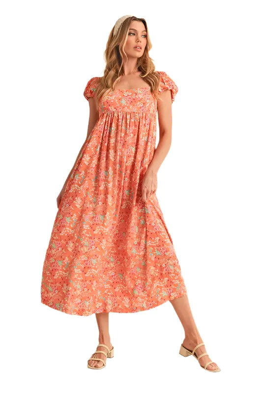 Cutout Back Floral Square Neck Puff Sleeve Midi Dress