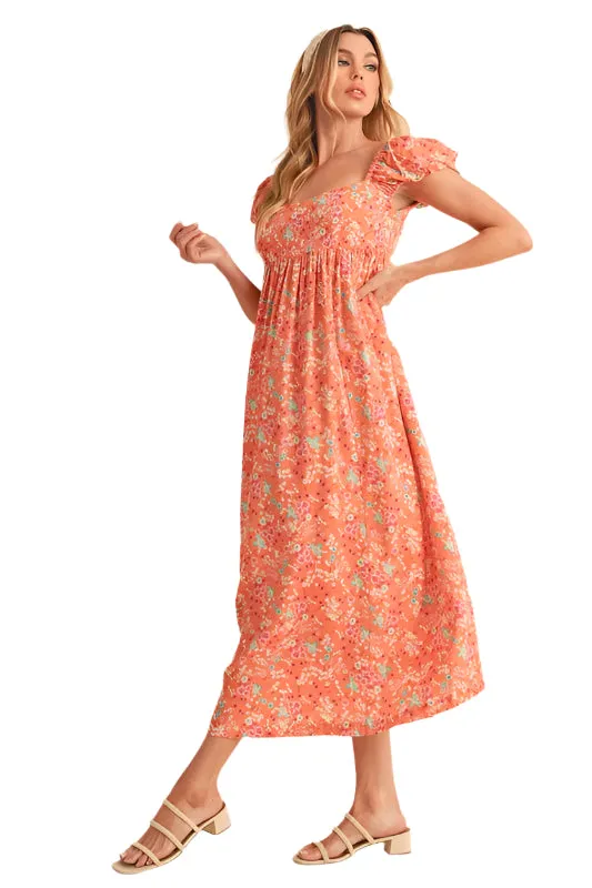 Cutout Back Floral Square Neck Puff Sleeve Midi Dress