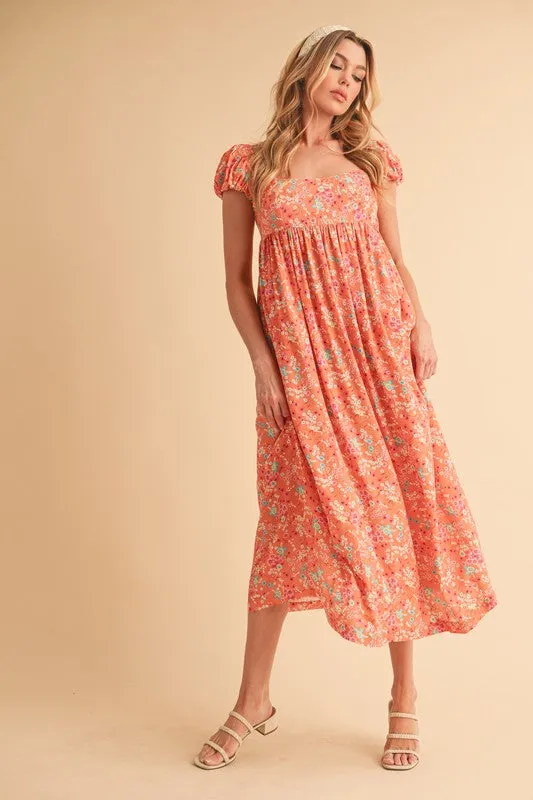 Cutout Back Floral Square Neck Puff Sleeve Midi Dress