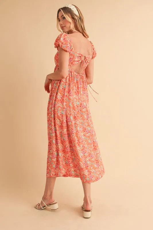 Cutout Back Floral Square Neck Puff Sleeve Midi Dress