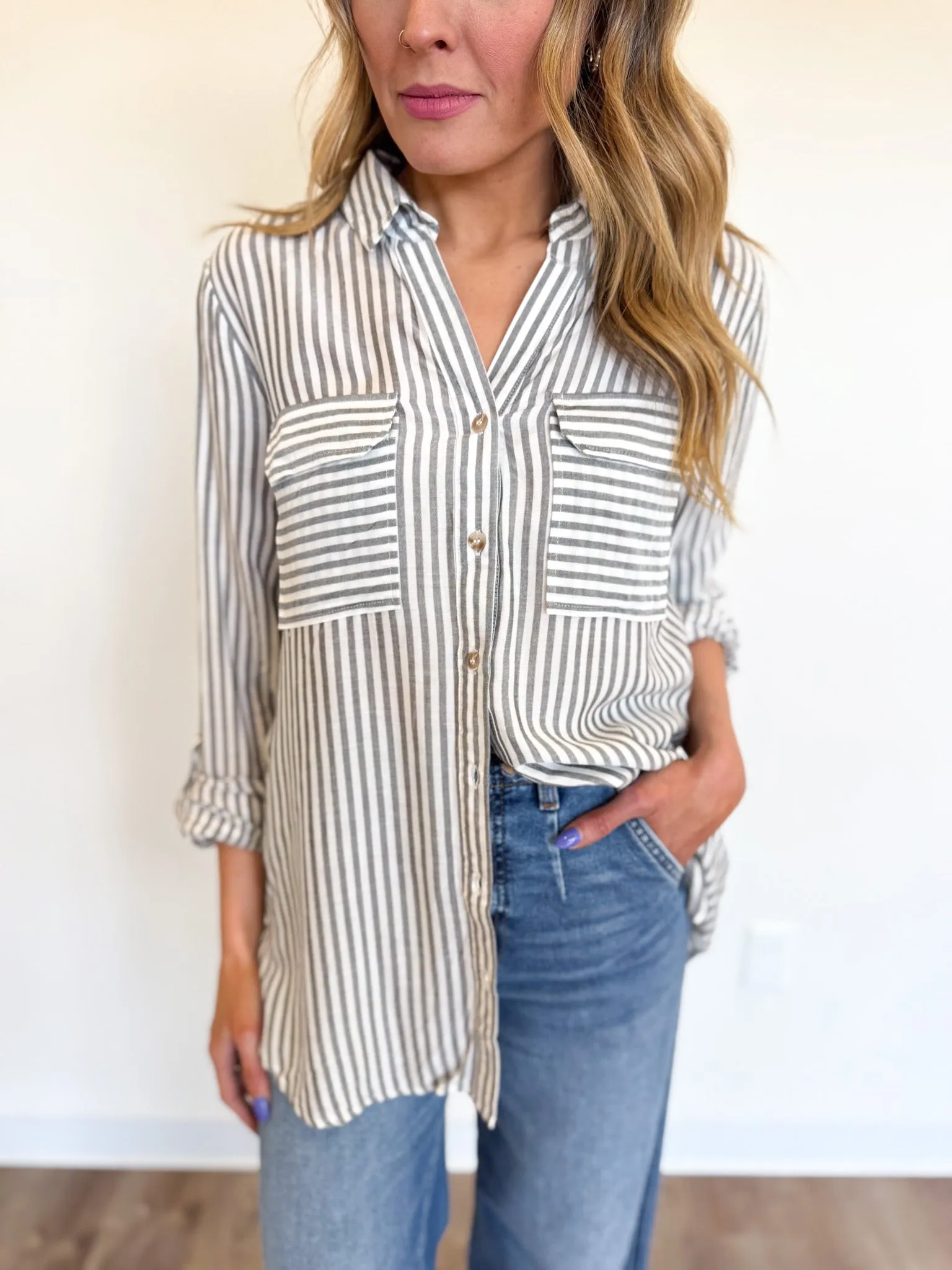 Diane Lightweight Striped Button Down Top