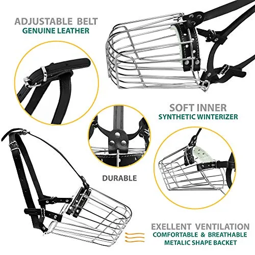 Dog Chrome Metal Muzzles Wire Basket Adjustable Leather Straps German Shepherd Reinforced (№3) Snout Circumference is 13.7-14.5 in, Length is 4.9-5.3 in.