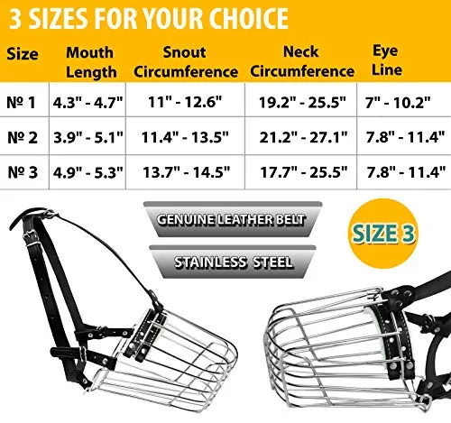 Dog Chrome Metal Muzzles Wire Basket Adjustable Leather Straps German Shepherd Reinforced (№3) Snout Circumference is 13.7-14.5 in, Length is 4.9-5.3 in.