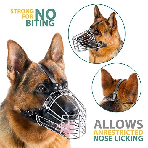 Dog Chrome Metal Muzzles Wire Basket Adjustable Leather Straps German Shepherd Reinforced (№3) Snout Circumference is 13.7-14.5 in, Length is 4.9-5.3 in.