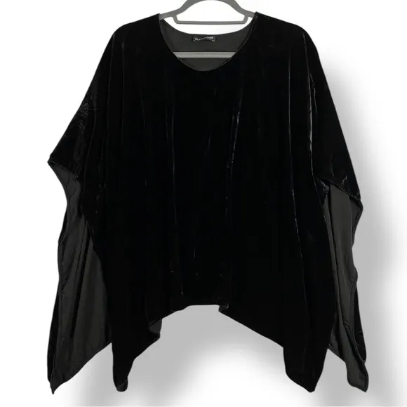 EILEEN FISHER Black Velvet Velour Ballet Boatneck Poncho Top OS