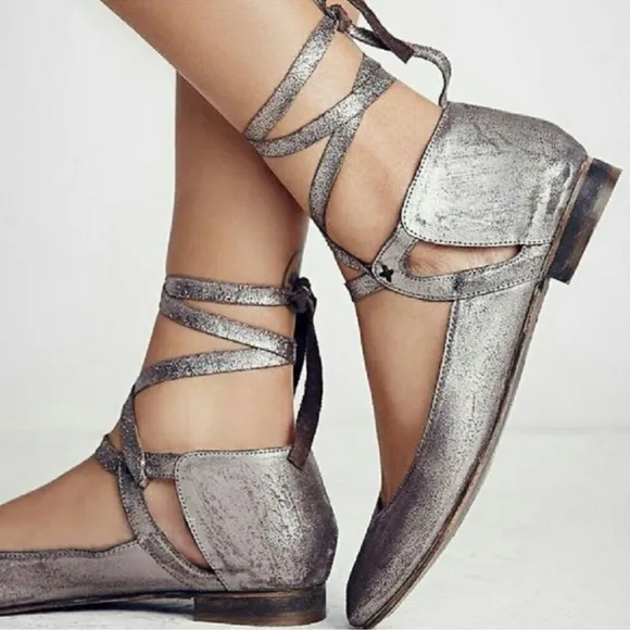 Free People Atlas Ankle Wrap Ballet Flat - Metallic Gray