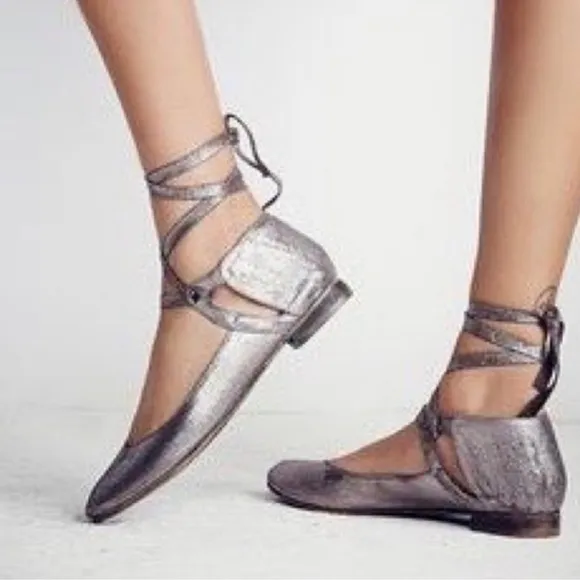 Free People Atlas Ankle Wrap Ballet Flat - Metallic Gray