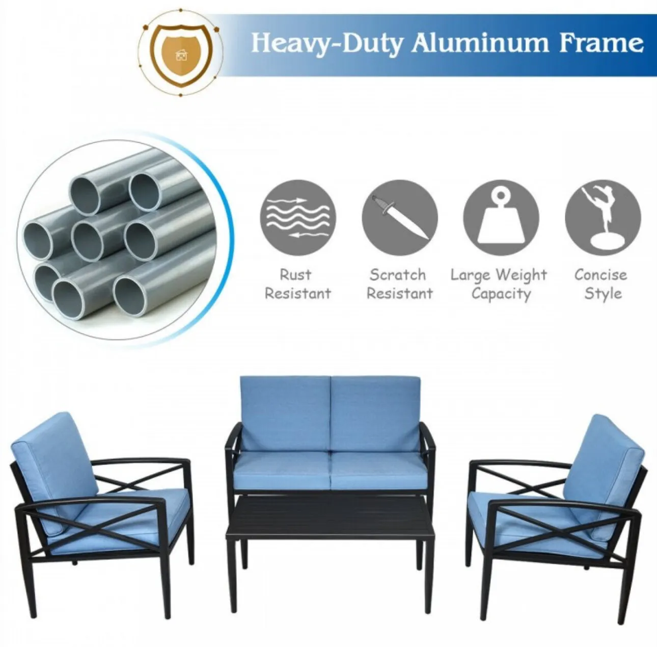 Heavy Duty Very Comfortable Aluminum Frame 8 Seater 4 Piece Patio Furniture Set Thick Cushioned Sofa | Weatherproof | Easy Set up