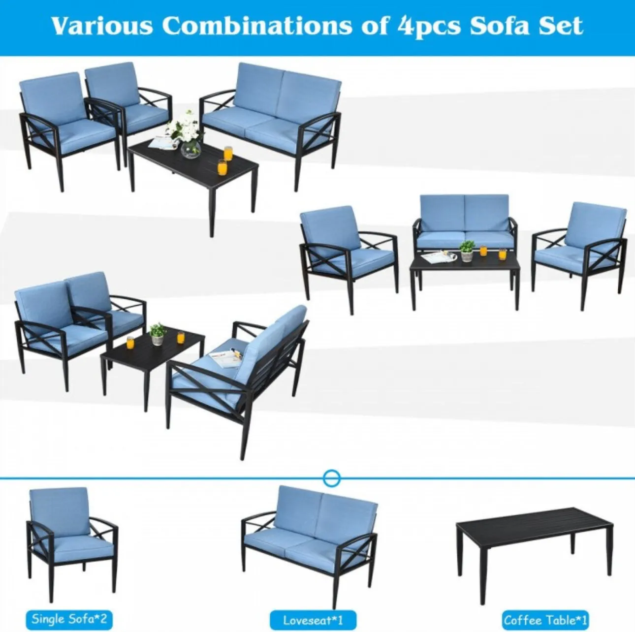 Heavy Duty Very Comfortable Aluminum Frame 8 Seater 4 Piece Patio Furniture Set Thick Cushioned Sofa | Weatherproof | Easy Set up