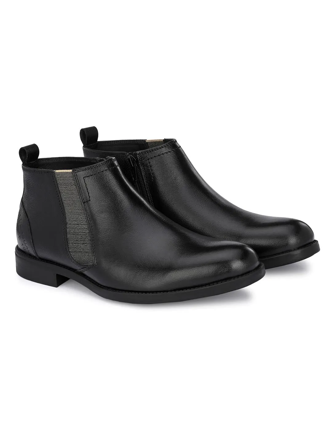 Hitz Men's Black Leather Boots with Zip Closure