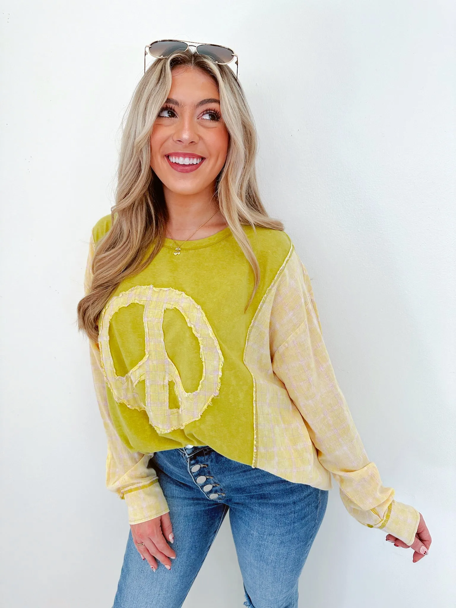 Inner Peace Plaid Patch Top - Lime Green