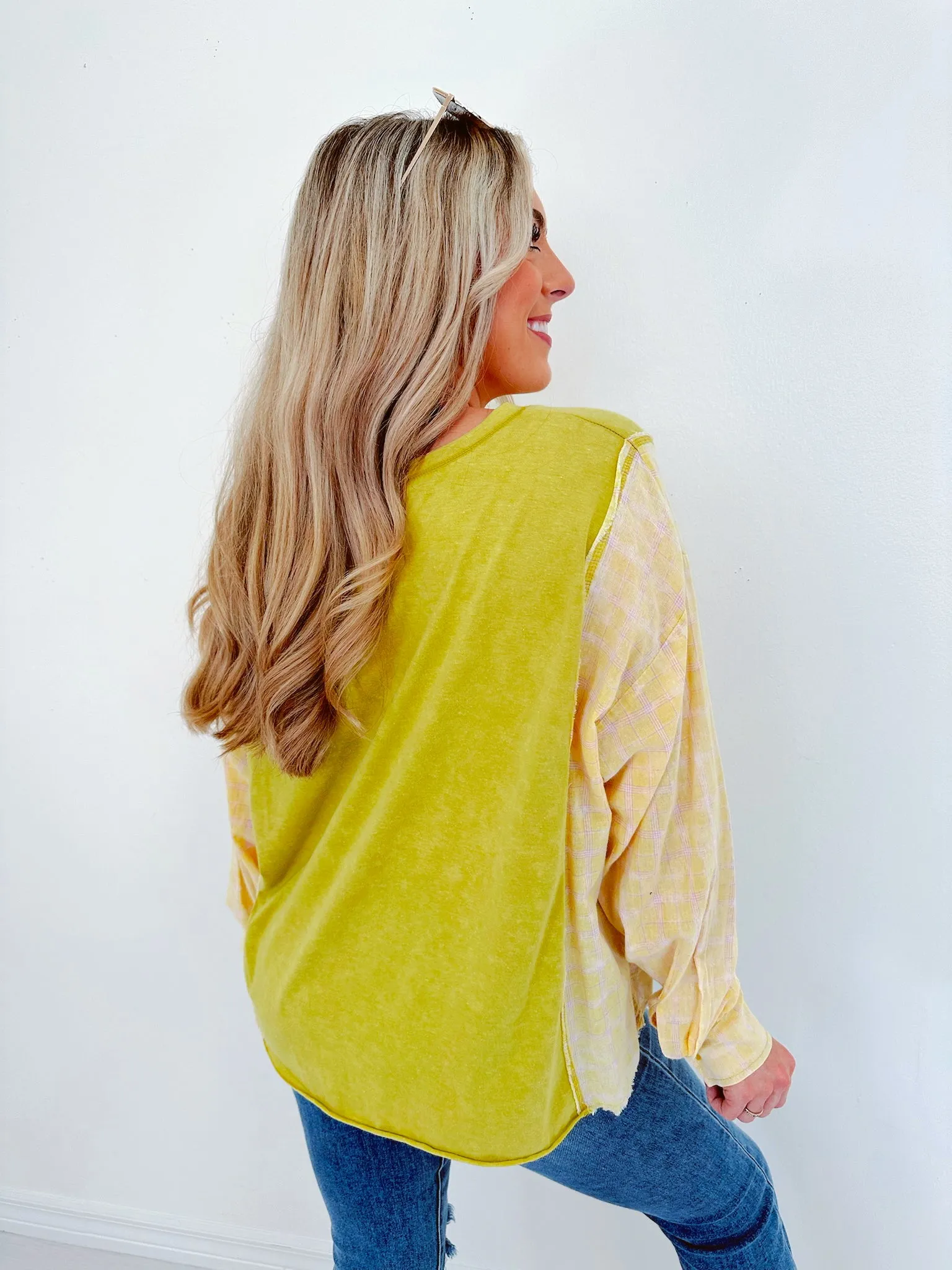 Inner Peace Plaid Patch Top - Lime Green