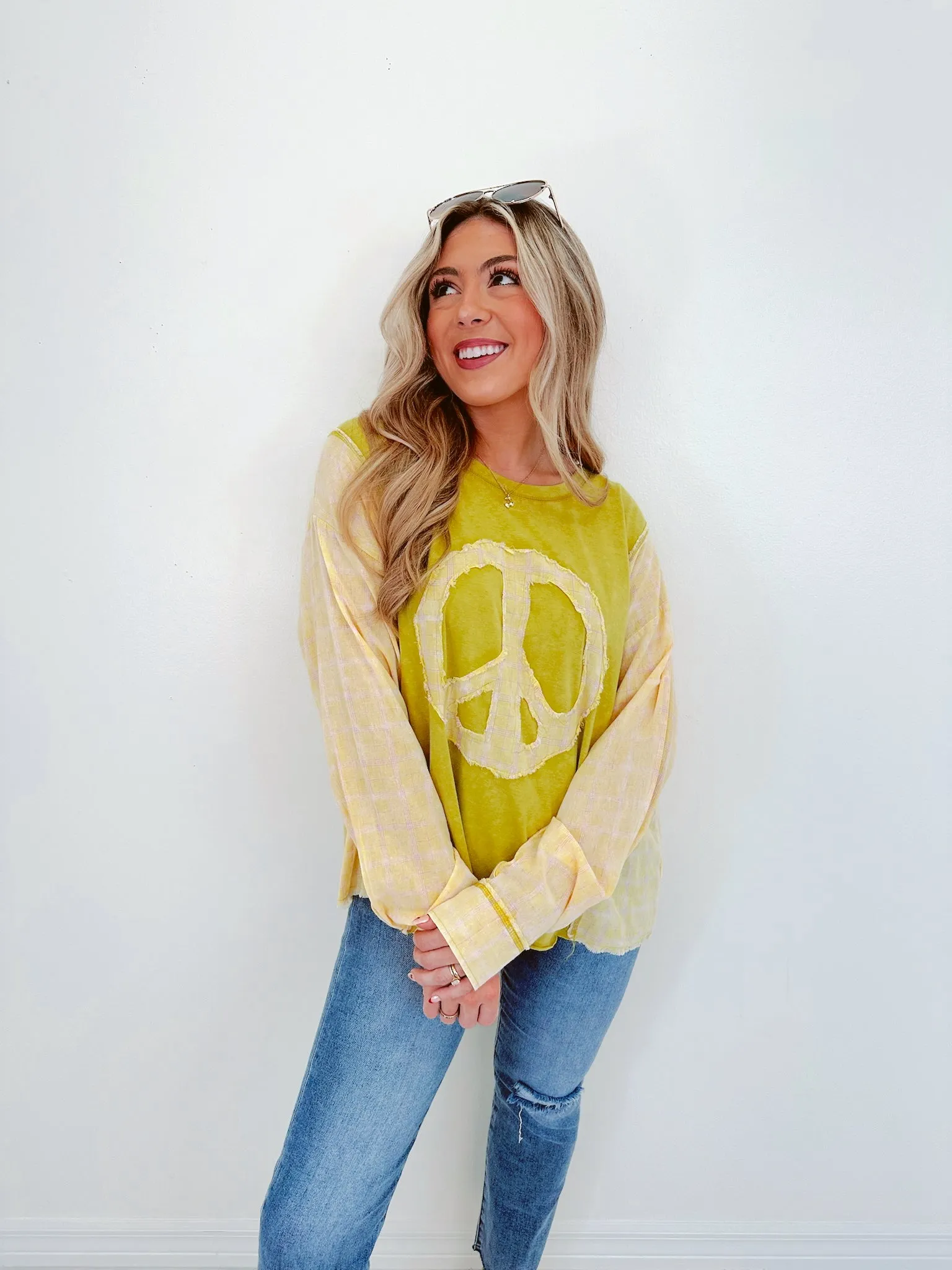 Inner Peace Plaid Patch Top - Lime Green