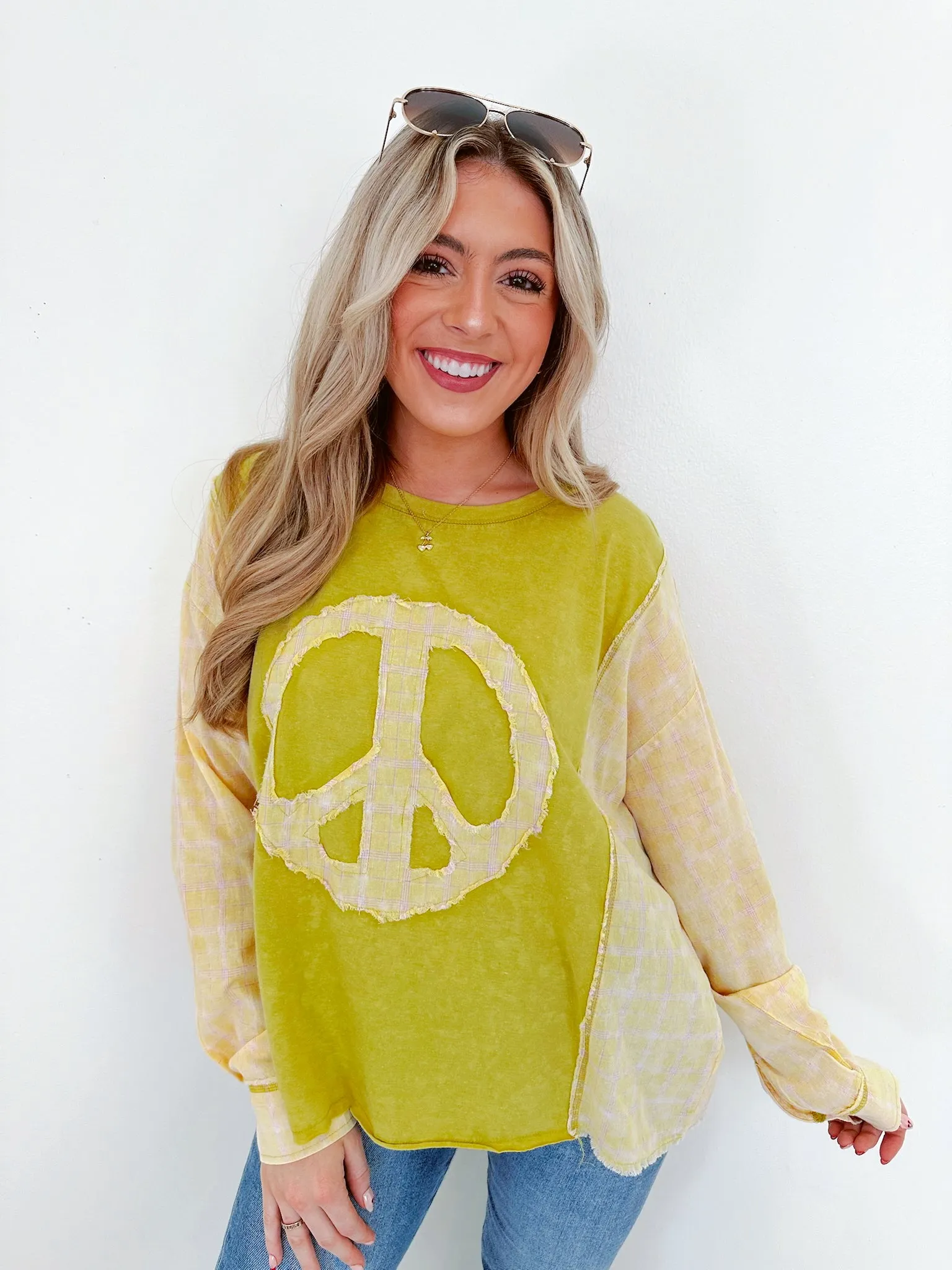 Inner Peace Plaid Patch Top - Lime Green