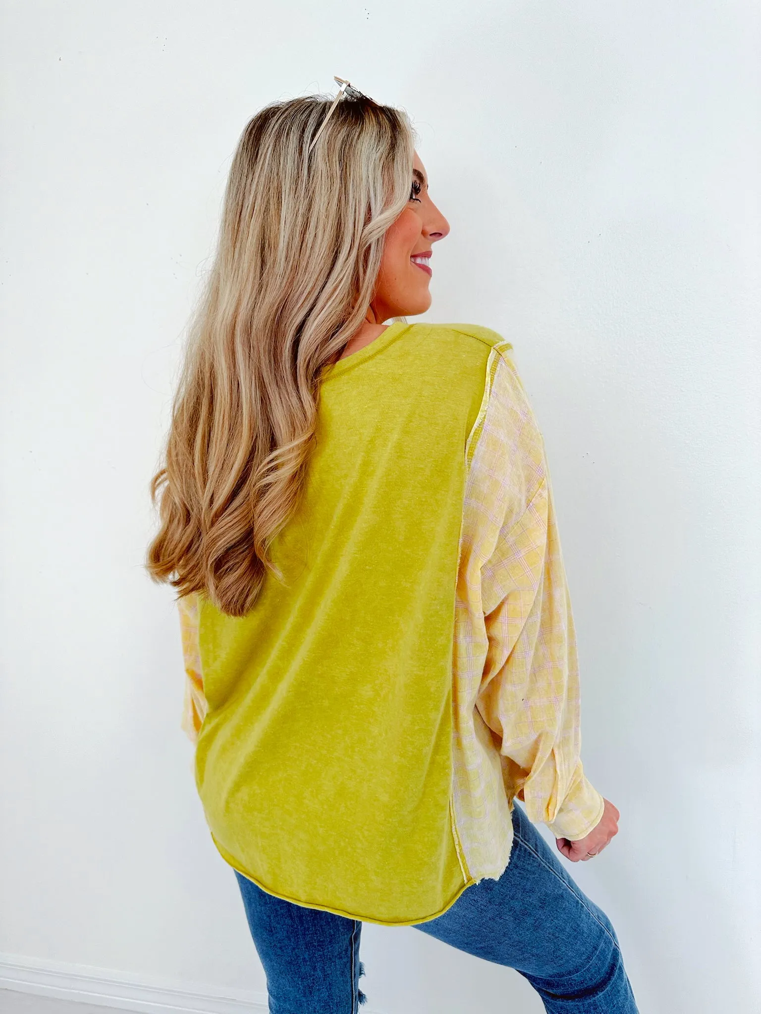 Inner Peace Plaid Patch Top - Lime Green